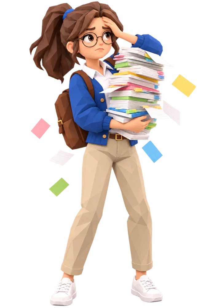 Alice submergée par une pile de fiches à code couleur